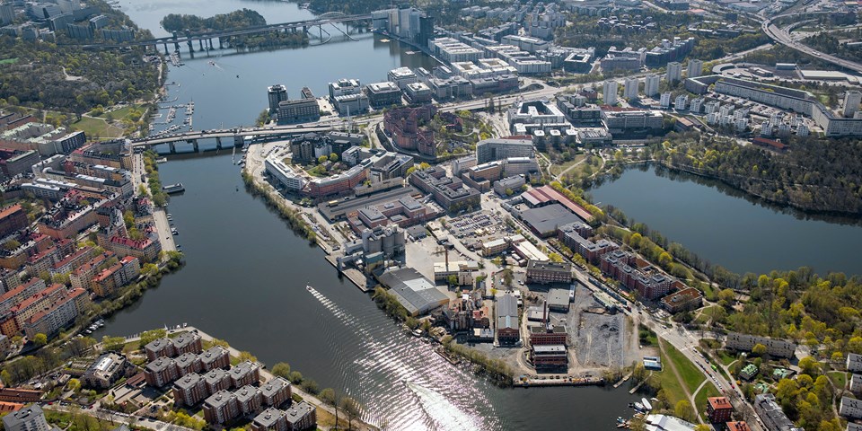 Flygbild över norra Liljeholmen, fotografi.